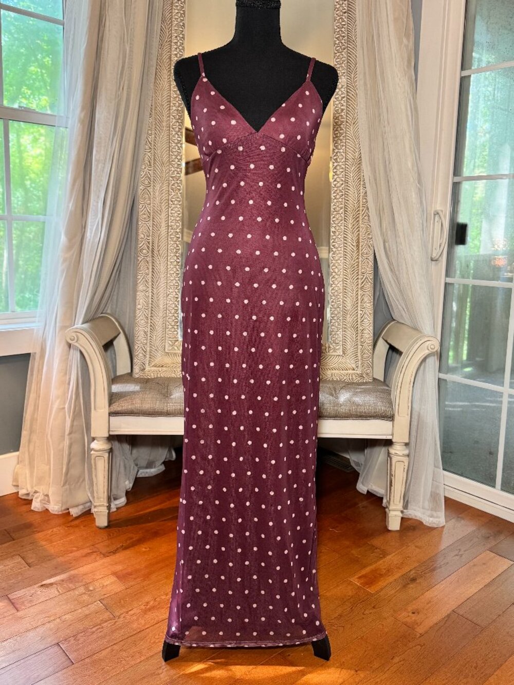 Planet Heart Burgundy Polka Dot Mesh Maxi Dress S NWOT